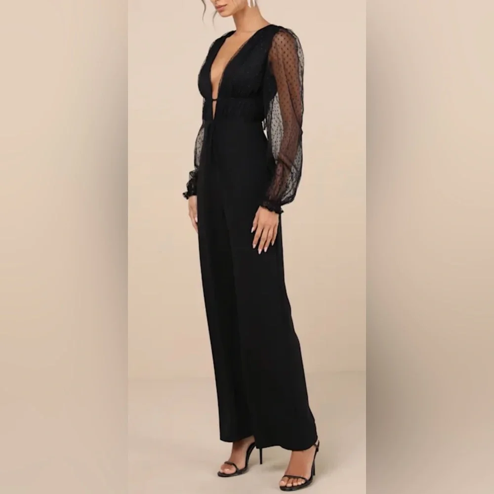 Lulus NWT “Sweet Twist” Black Swiss Dot Tulle Long Sleeve Jumpsuit. Size Small. - Picture 11 of 11